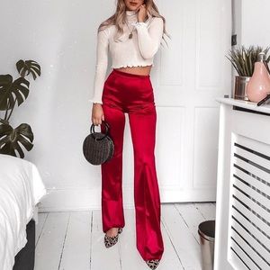 Ruby Red Satin Wide Leg Pants